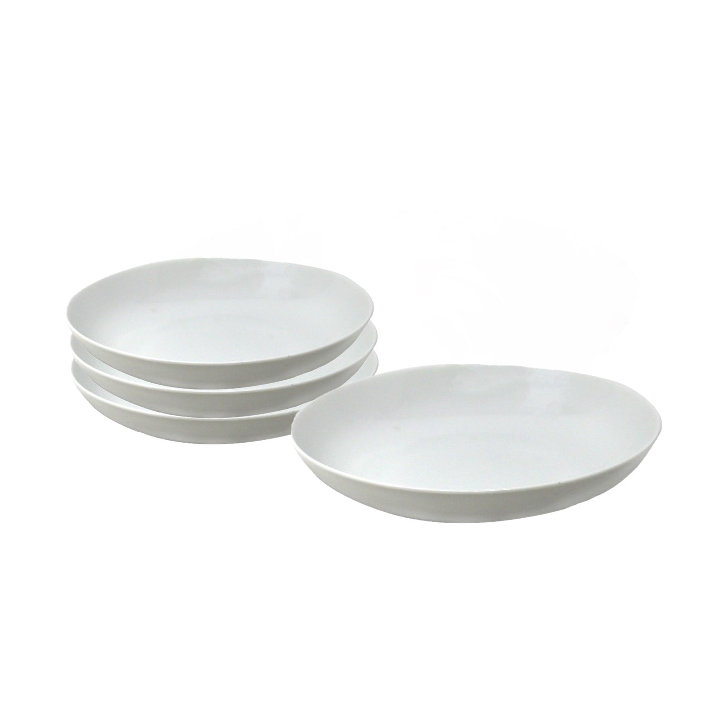 Set of white round soup plates